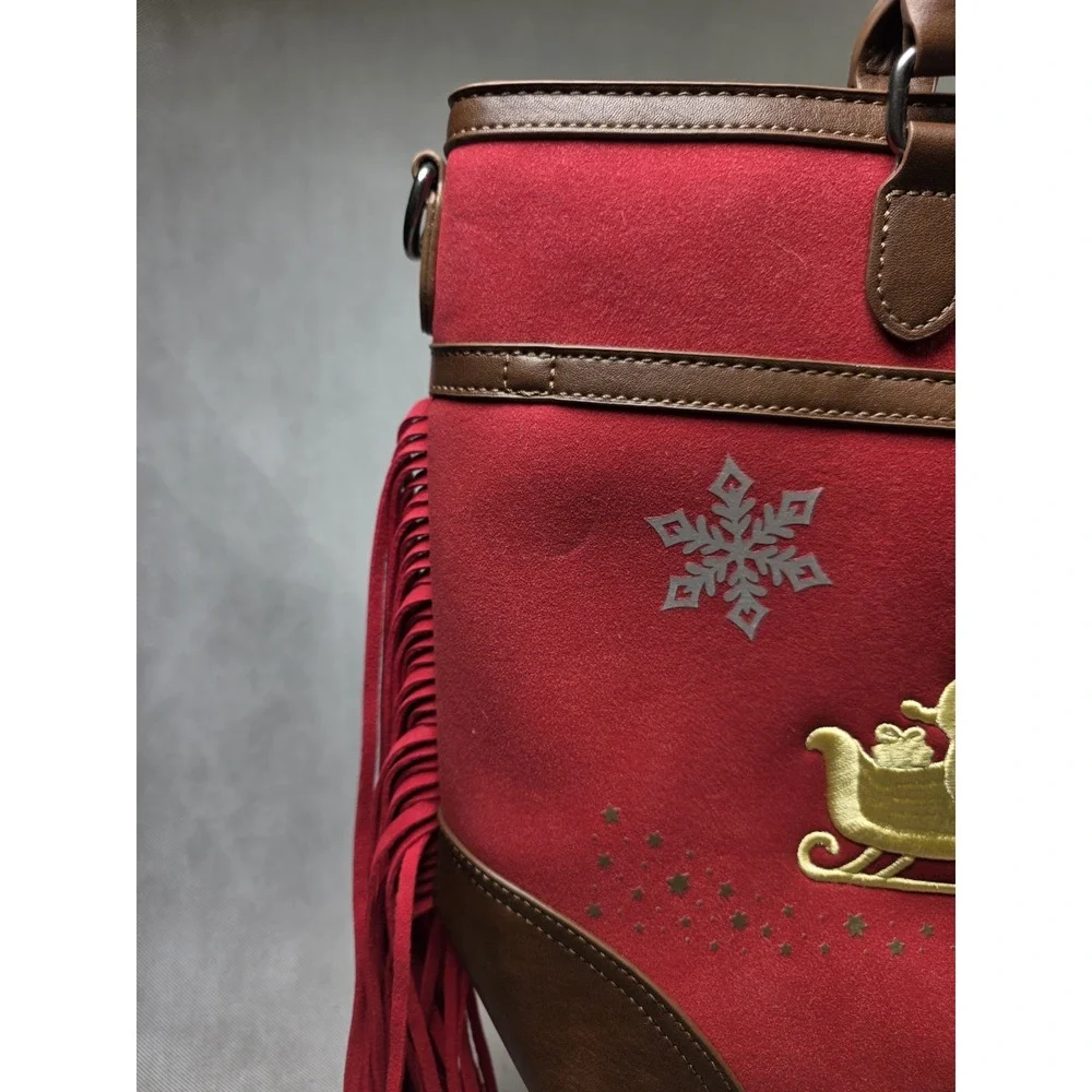 NWT Montana West Christmas Tote Handbag Red Santa Sleigh Reindeer Fringe Bag